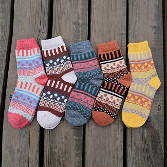 Womens 5 Pairs Vintage Style Thick Crew Socks - Picture 5 of 8